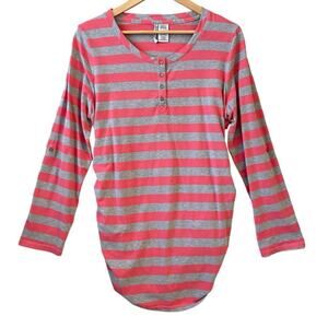 Planet Motherhood Henley Sz  XL Pink & Gray Striped Top Rushed Sides Roll-tab LS